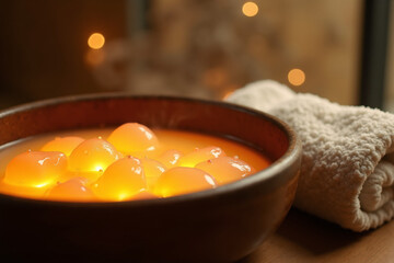 A wooden bowl filled with water and glowing, warm orange spa pebbles or beads, next to a white folded towel.