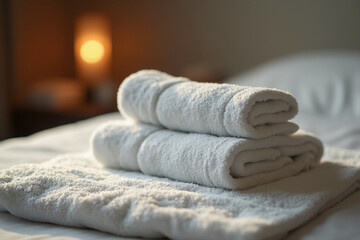 A stack of fluffy white towels on a bed with crisp white linens, softly lit by a warm lamp in the blurred background.