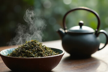 A steaming bowl of loose leaf herbal tea with a dark, traditional teapot blurred in the background on a wooden surface.
