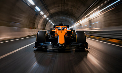 Orange race car speeding in a tunnel