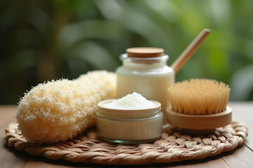 Natural body brush, loofah or sponge, and jars of body scrub and cream on a round woven mat against a green background.