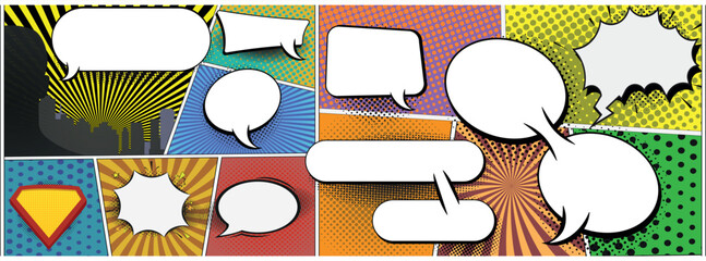 Comic books dialog bubbles. Cartoon book superhero scrapbook page template, empty comical speech clouds, graphic art frame layout template illustration. Pop art background with blank balloons