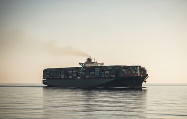 Massive cargo ship moving across calm ocean with containers stacked in precise rows while soft smoke rises into pale sky conveying steady maritime strength