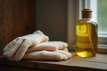 A stack of fluffy hand or body care gloves next to a bottle of golden body or cuticle oil, set on a rustic wooden window sill.