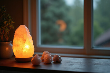 A glowing orange himalayan salt lamp next to small salt pieces on a dark wooden sill, framed by a window view of green trees.