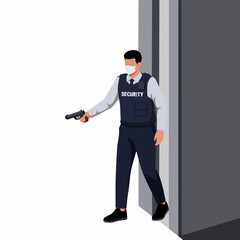 Flat Style Detail Security Guard Holding Gun and Protecting Building