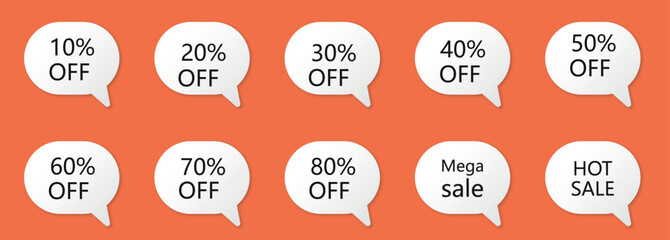 Different discount price 10, 20, 25, 30, 40, 50, 60, 70, 80, 90 percent Promotion sticker badge set for shopping marketing and advertisement clearance sale, Save money, Vector illustration.