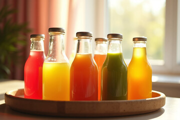 A row of glass bottles filled with colorful juices or cold-pressed beverages, arranged on a round wooden tray and illuminated by bright window light.