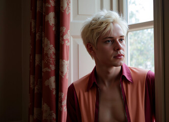 Pensive young man gazing out the window in a stylish shirt