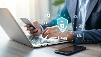 Man using laptop with security icons and login text overlay, holding a smartphone in his other hand - Powered by Adobe