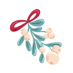 A delicate mistletoe sprig with glossy green leaves and tiny white berries, elegantly curved on a slender stem for a festive, minimalist vector design.
