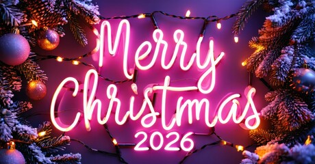 Bright neon sign displays Merry Christmas 2026 surrounded by festive evergreen branches, ornaments, glowing lights. Holiday season imagery.