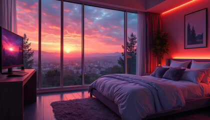 Modern bedroom with panoramic city view at sunset. Features gaming setup, LED lighting, plush bed, and cozy ambience. Perfect for relaxation, entertainment, or focused work in stylish urban apartment.