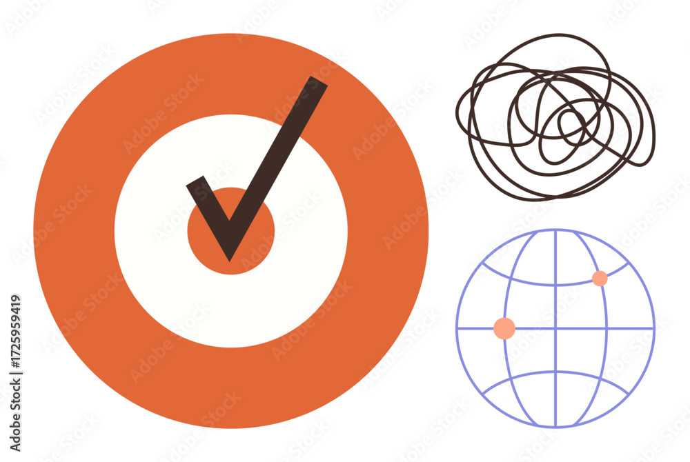 Poster large orange target with checkmark, tangled line symbolizing confusion, globe with highlighted point