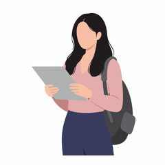 Faceless Flat Illustration Studying Girl Holding Document with Backpack Character