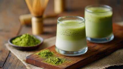 抹茶ラテと茶道具の静物