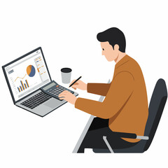Isometric Man Working on Laptop with Financial Chart and Calculator Illustration