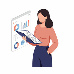 Isometric Elegant Woman Analyzing Financial Data and Charts on Clipboard