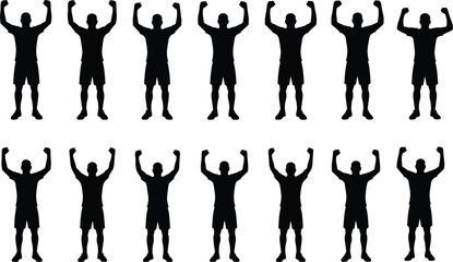 Black silhouettes of men standing with arms raised in a victorious pose, isolated on a white background, representing success and achievement