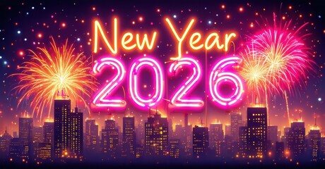 Bright cityscape celebrates new year. Neon lights illuminate skyline, fireworks burst above buildings. Festive, vibrant scene.