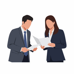 Flat Illustration Two Business People Discussing Document in the Workplace