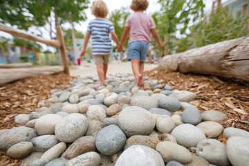 Two children walking barefoot on a sensory path made of smooth stones, surrounded by greenery and playful atmosphere, enjoying a tactile outdoor experience