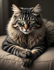 Furry tabby cat with bright green eyes looks forward in close-up portrait. Domestic feline with long hair, expressive gaze poses on soft cushion indoors. Image suitable for pet care, animal welfare,
