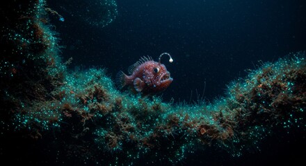 Captivating anglerfish in a vibrant deep sea ecosystem with bioluminescent organisms