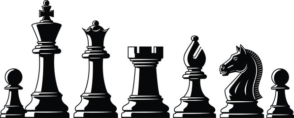 Black chess pieces on a white background, representing strategy, competition, intelligence, victory, game, and classic challenge © Creatives Selim