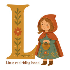 Little Red Riding Hood with floral Letter L, cozy folk-style vector for alphabet learning, nursery posters, personalized initials, kids’ books, flashcards, classroom decor, and fairytale projects