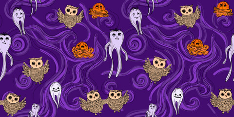 Fototapeta premium Playful seamless Halloween pattern featuring hand-drawn ghosts, owls, and pumpkins against a whimsical purple smoky sky. Perfect for festive designs, kids’ clothing, party decorations, wrapping paper