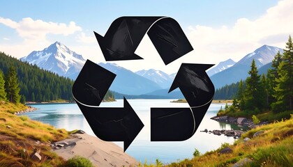 Recycle Symbol Over Pristine Mountain Lake and Forest Landscape