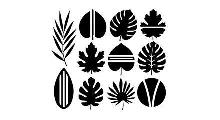 A collection of modern black icons featuring tropical leaf silhouettes like monstera and palm. Minimalist vector symbols for eco-friendly branding.