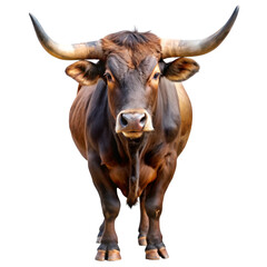 Brown bull with large curved horns standing on a black background animal mammal