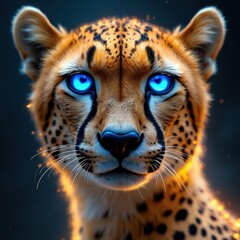 Close-up portrait of powerful cheetah with glowing blue eyes, sparkling golden fur. Fierce predator conveys speed, energy, wild strength, rendered in magical, fantasy style perfect for dynamic