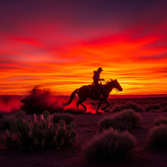 Fototapeta premium The Last Ride: Cowboy Galloping at Sunset in the Arid Desert