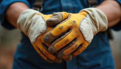 Rugged yellow leather work gloves shown with worn texture. Hands clasped together, suggesting readiness for tasks. Ideal for construction, mechanic, outdoor labor themes. Offers protection,