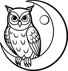 owl crescent moon illustration on transparent background