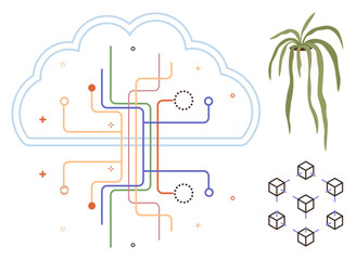 Cloud outline with interconnected pathways, a green plant symbolizing sustainability, and cube grid structures. Ideal for tech, innovation, connections, blockchain, growth, sustainability simple