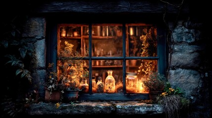 Old rustic window glowing warmly with jars of herbs and bottles inside, surrounded by plants and stone walls, symbolizing introverted reflection, hidden wisdom, and the passage of time.