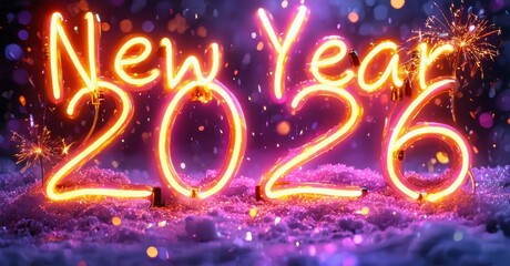 Bright neon text displays New Year 2026 over purple bokeh lights. Festive sparks enhance celebratory mood.