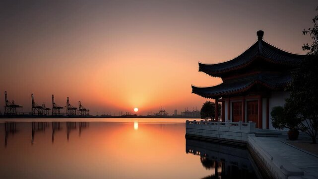 Port at Sunset: Harmonious Beauty of Traditional Architecture and Modern Industry