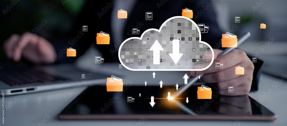 Poster cloud computing enables digital growth with secure data storage, scalable infrastructure, and strate