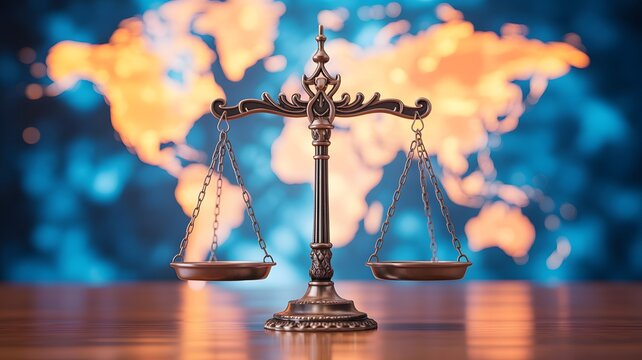 A golden balance scale stands on a world map highlighting continents with blue and orange lights, symbolizing global justice and equality.