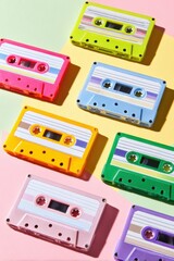 Obraz premium Colorful cassette tape collection arranged in vibrant neon hues on a pastel background, showcasing retro music nostalgia and playful design elements with copy space