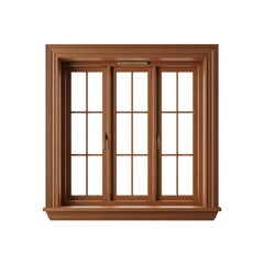Classic brown three-panel window with grid pattern and decorative trim