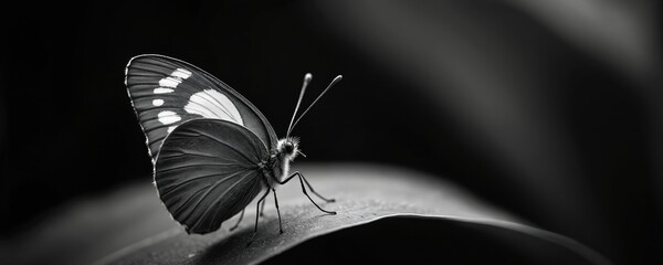 Macro view of delicate butterfly with white spots on wings, resting on leaf. High contrast black, white photography emphasizes intricate wing patterns, fine details. Low exposure creates dramatic,