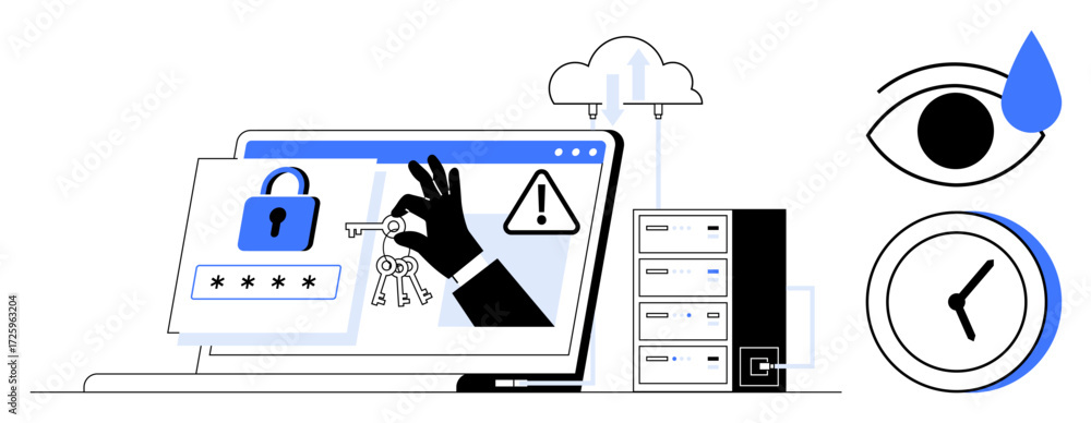 Poster hand stealing a key from a laptop screen with password and alert symbols. eye with tear, clock, and 