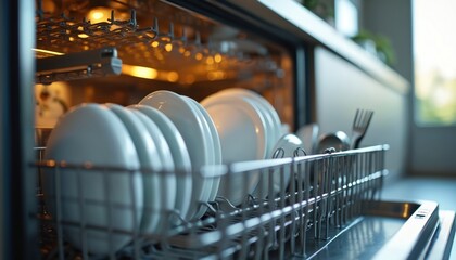 Stack of clean white plates, cutlery inside modern dishwasher. Utensils sparkle after washing cycle. Stainless steel racks hold dishes. Home kitchen appliance provides hygiene, cleanliness for