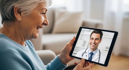 Senior woman cheerfully engages in telehealth consultation with doctor using tablet device